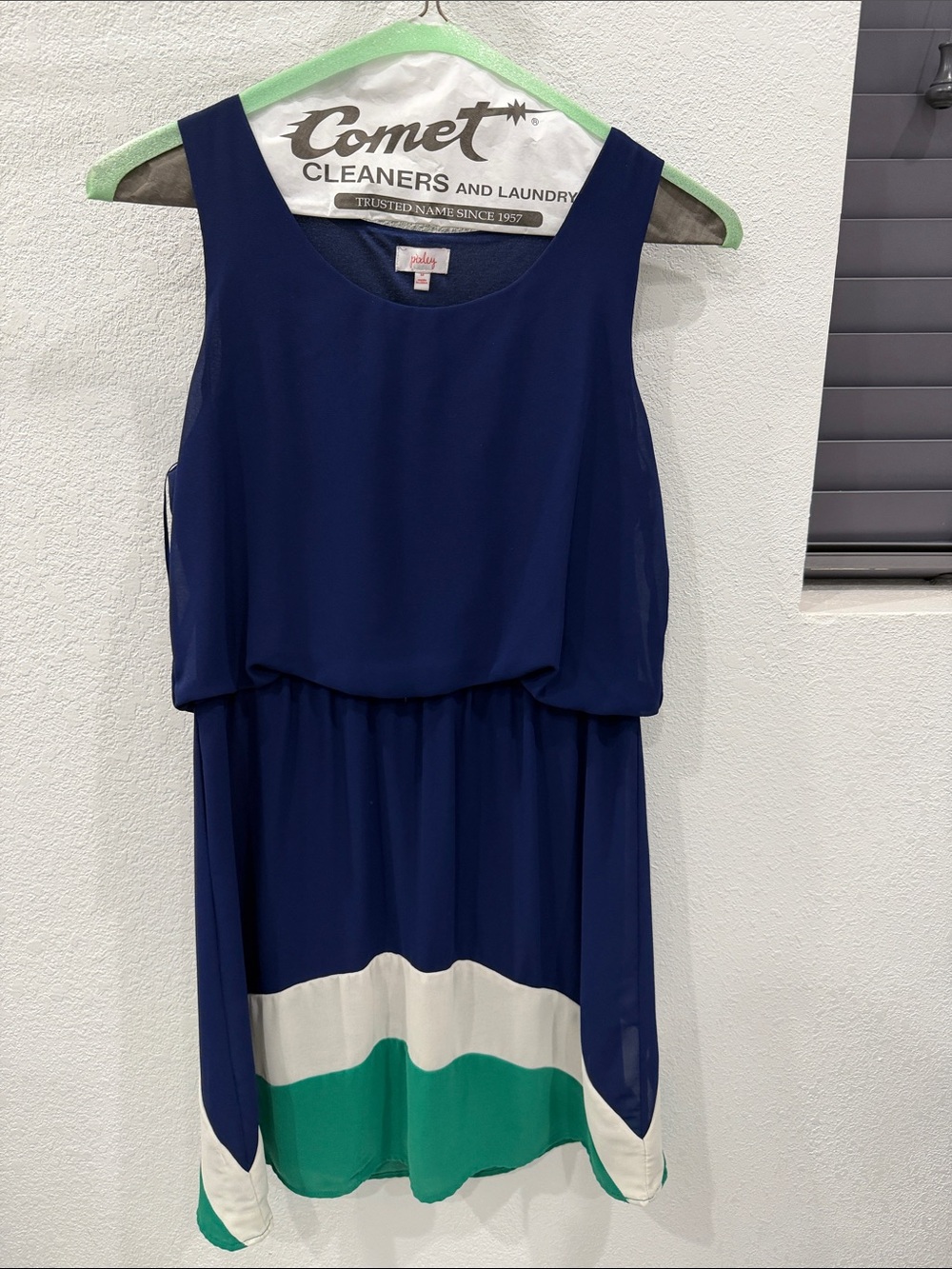Pixley Navy Blue Sleeveless Sundress with Green and Cream Hem